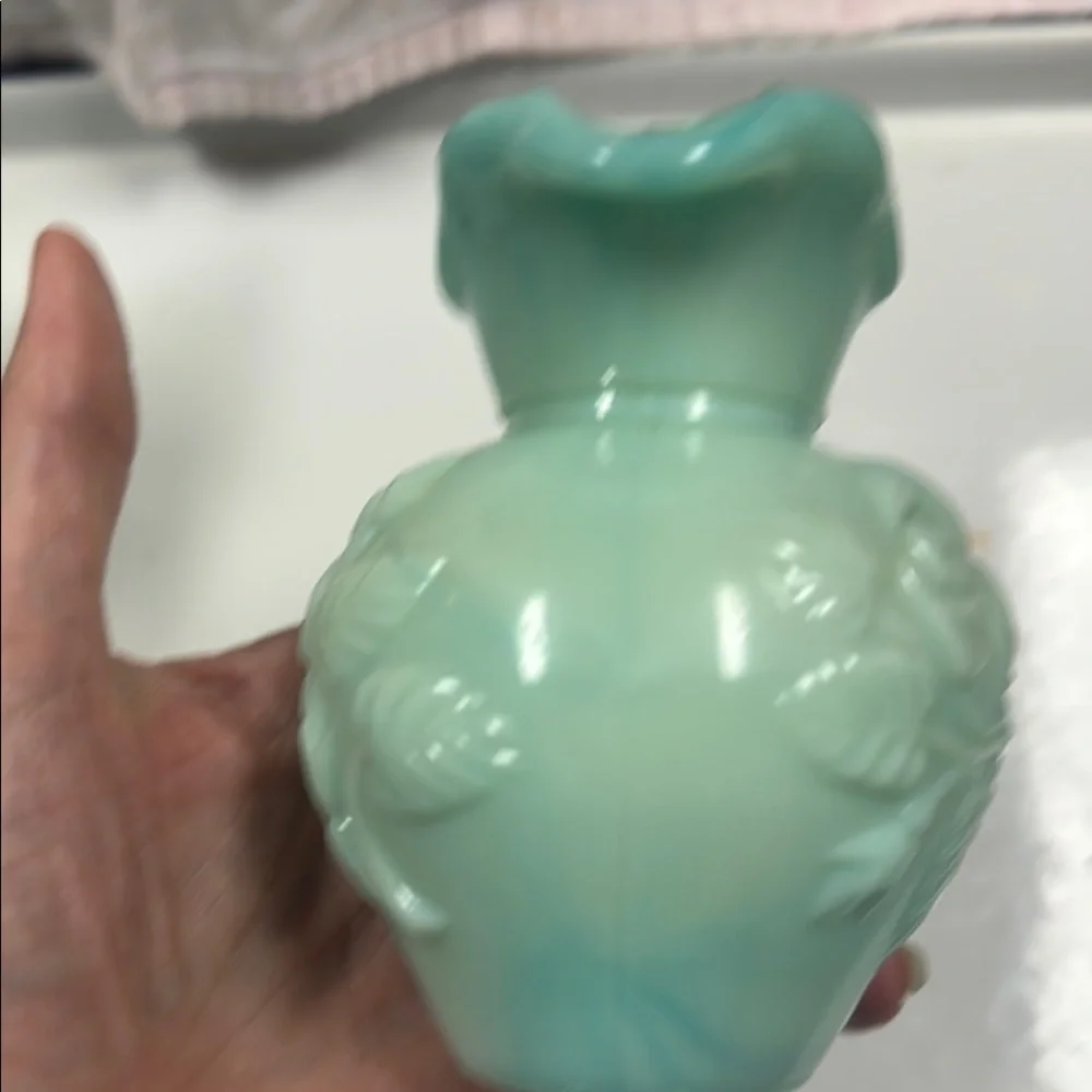 2 Avon Green Accent Pitcher Vases with Rose Floral Design & 1 Stopper